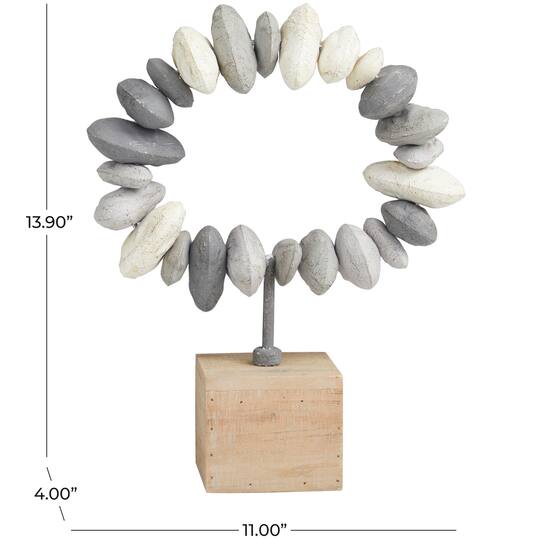 14" Gray Metal Circular Stone Abstract Sculpture with Brown Wooden Base